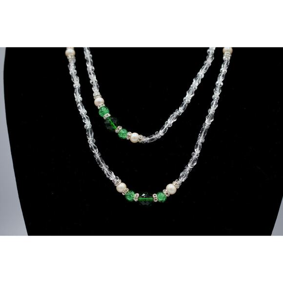 Vintage 54" Crystal Beaded Necklace Sparkling Green Pearl 54" NOS 1980s Bin3 - Picture 2 of 12